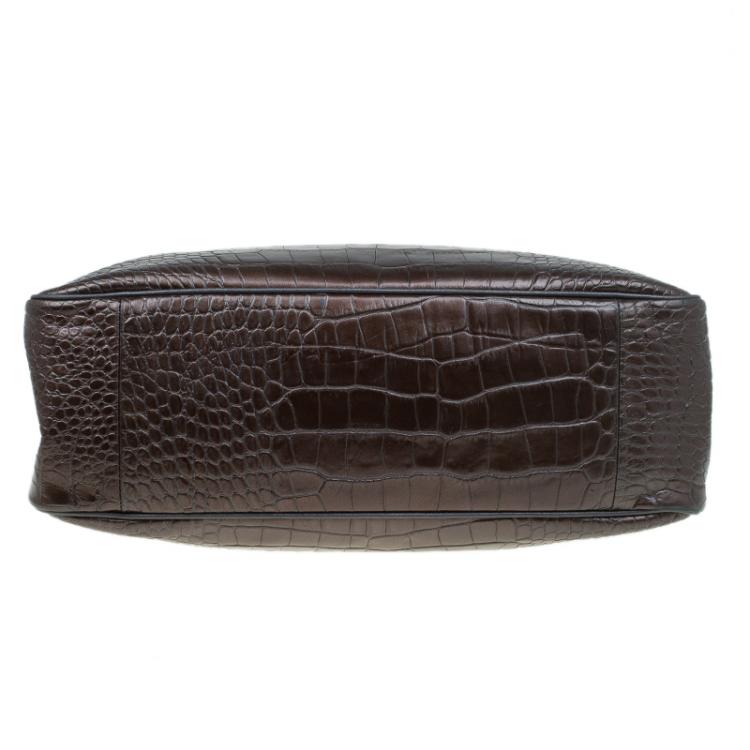 Pre Owned Longchamp Brown Glaze Croc Embossed Leather Roseau Tote