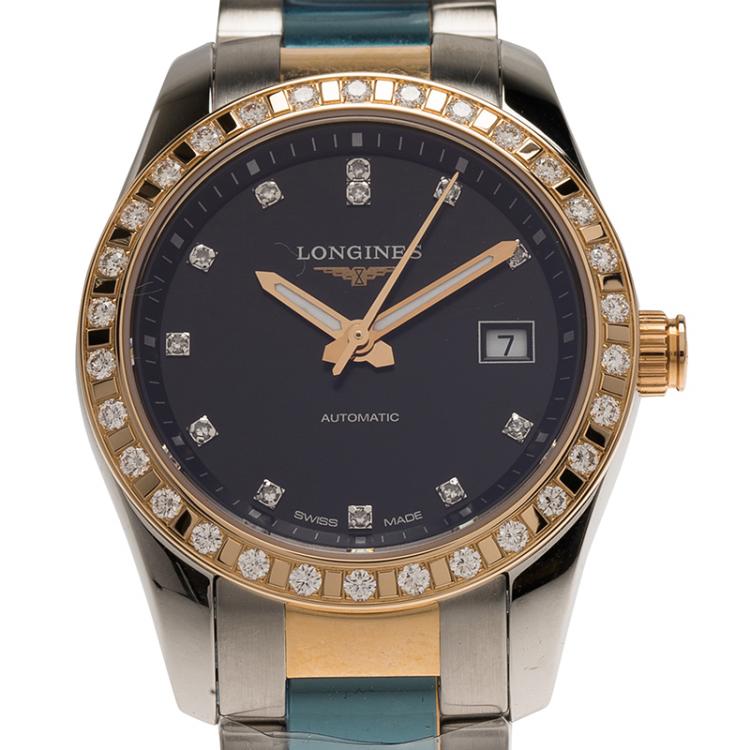 Pre Owned Longines Black Stainless Steel and 18K Gold Diamond Conquest Women's Wristwatch 29MM