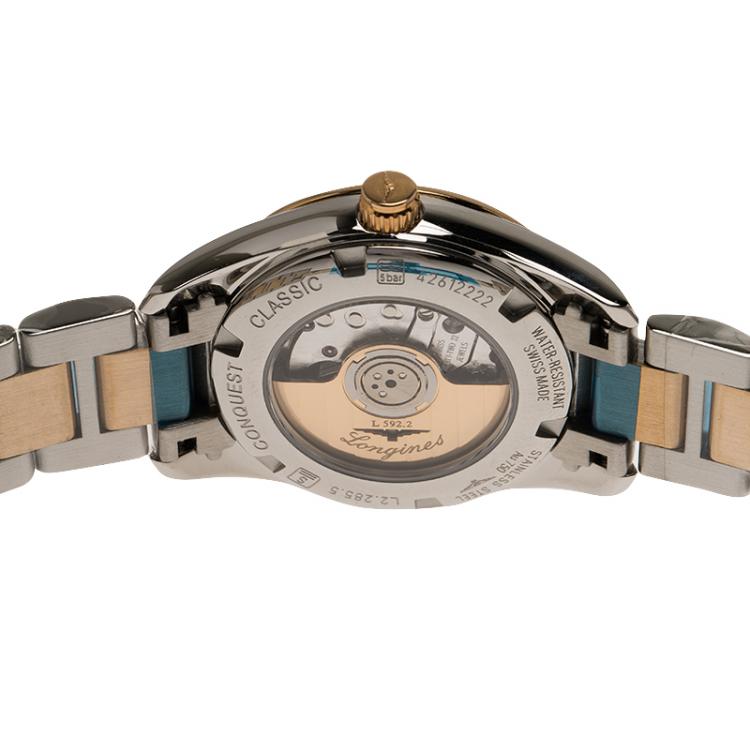Pre Owned Longines Black Stainless Steel and 18K Gold Diamond Conquest Women's Wristwatch 29MM
