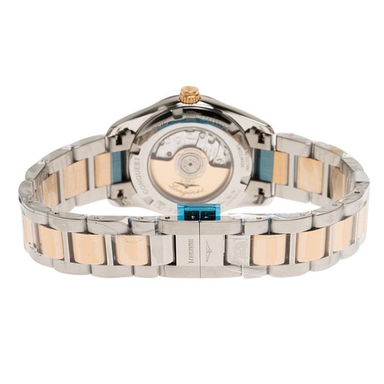 Pre Owned Longines Black Stainless Steel and 18K Gold Diamond Conquest Women's Wristwatch 29MM