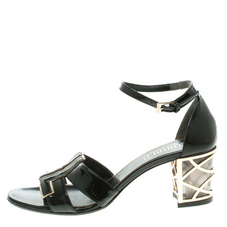 Pre Owned Loriblu Black Patent Leather Ankle Strap Sandals Size 37