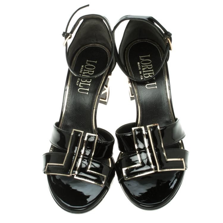 Pre Owned Loriblu Black Patent Leather Ankle Strap Sandals Size 37