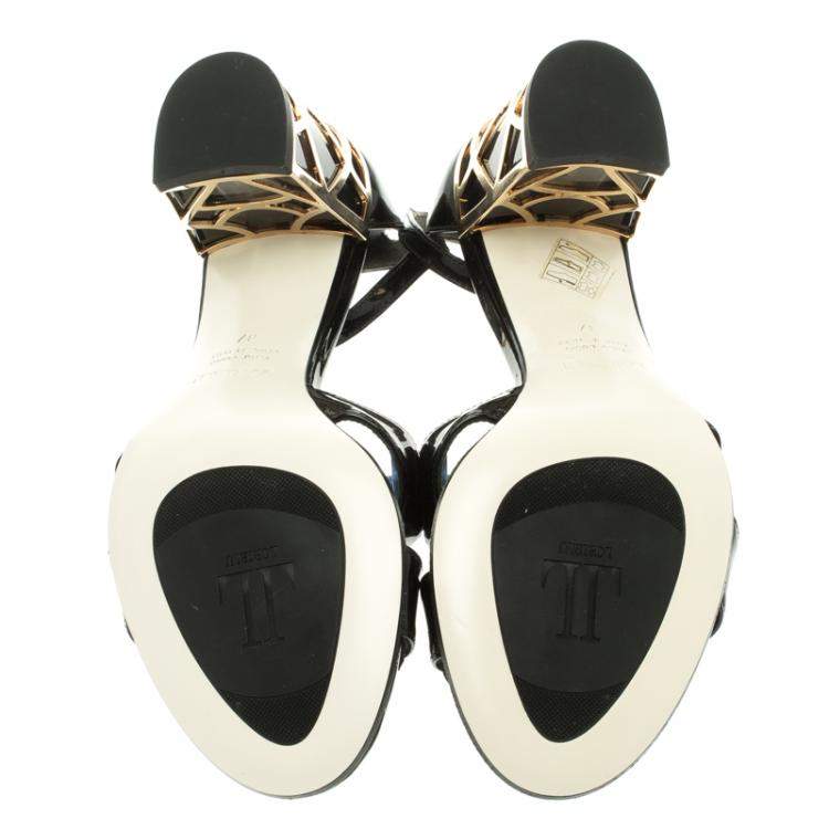 Pre Owned Loriblu Black Patent Leather Ankle Strap Sandals Size 37
