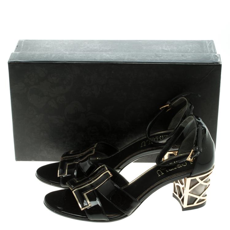 Pre Owned Loriblu Black Patent Leather Ankle Strap Sandals Size 37