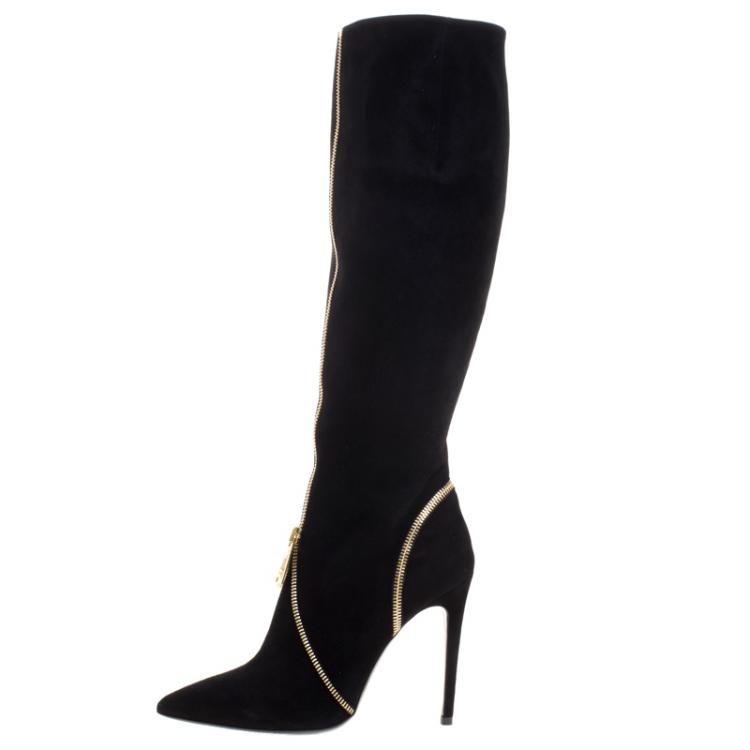 Pre Owned Loriblu Black Suede Zip Accent Knee High Pointed Toe Boots Size 38