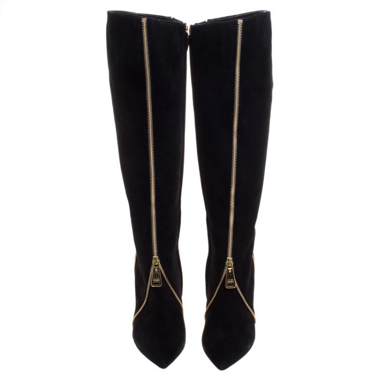 Pre Owned Loriblu Black Suede Zip Accent Knee High Pointed Toe Boots Size 38