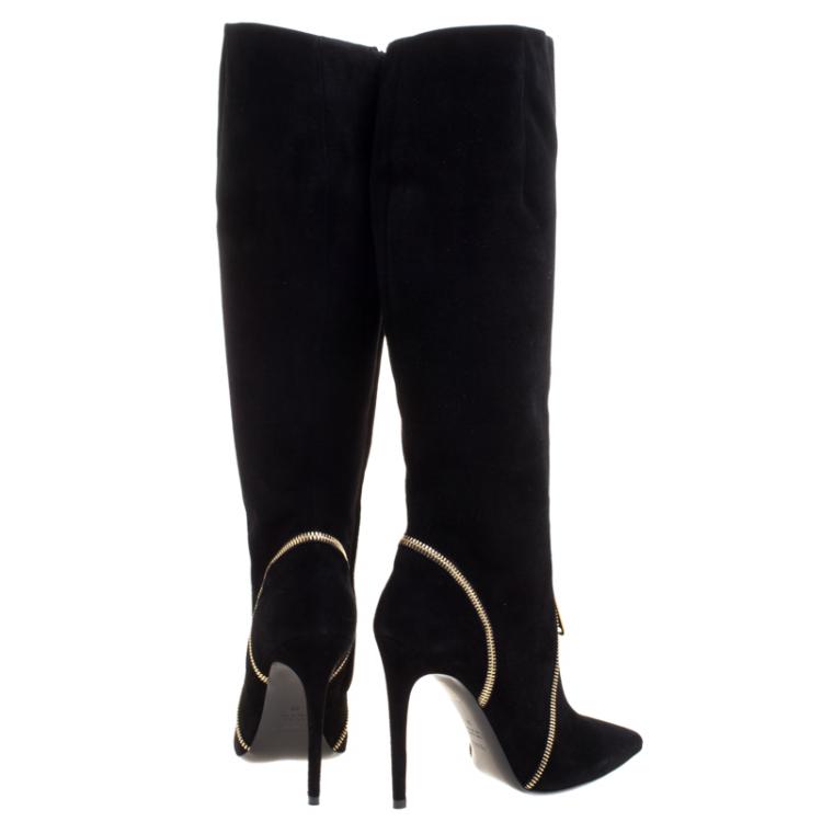 Pre Owned Loriblu Black Suede Zip Accent Knee High Pointed Toe Boots Size 38