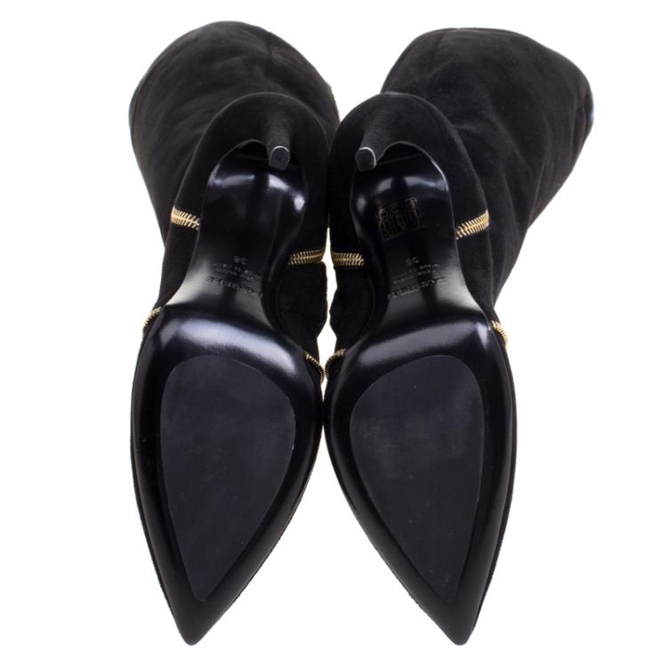Pre Owned Loriblu Black Suede Zip Accent Knee High Pointed Toe Boots Size 38