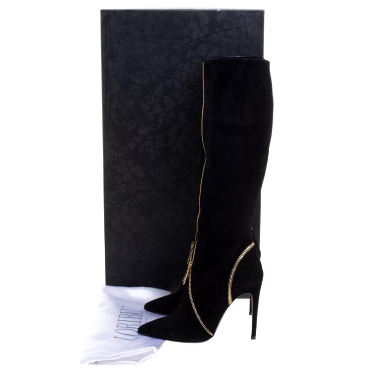 Pre Owned Loriblu Black Suede Zip Accent Knee High Pointed Toe Boots Size 38