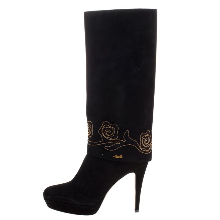 Pre Owned Loriblu Black Suede Cuff Embroidered Calf Length Boots Size 38