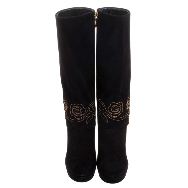 Pre Owned Loriblu Black Suede Cuff Embroidered Calf Length Boots Size 38