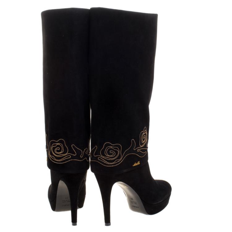 Pre Owned Loriblu Black Suede Cuff Embroidered Calf Length Boots Size 38