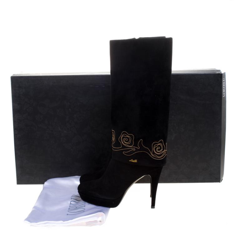 Pre Owned Loriblu Black Suede Cuff Embroidered Calf Length Boots Size 38