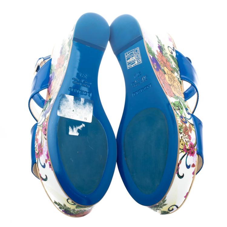 Pre Owned Loriblu Blue Patent Leather Floral Printed Wedge Sandals Size 37.5