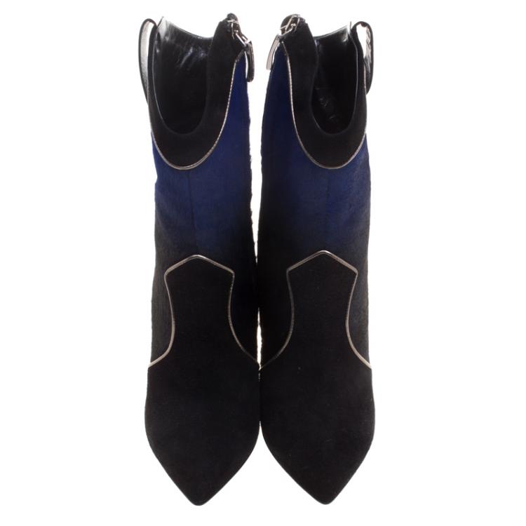 Pre Owned Loriblu Black/Blue Ombre Pony Hair High Heel Boots Size 37.5