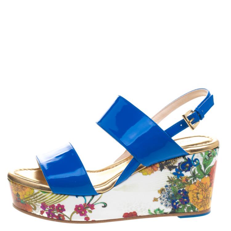 Pre Owned Loriblu Blue Patent Leather Floral Printed Wedge Sandals Size 37.5