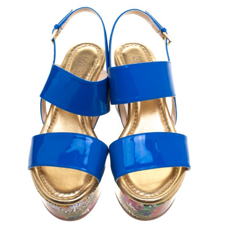 Pre Owned Loriblu Blue Patent Leather Floral Printed Wedge Sandals Size 37.5