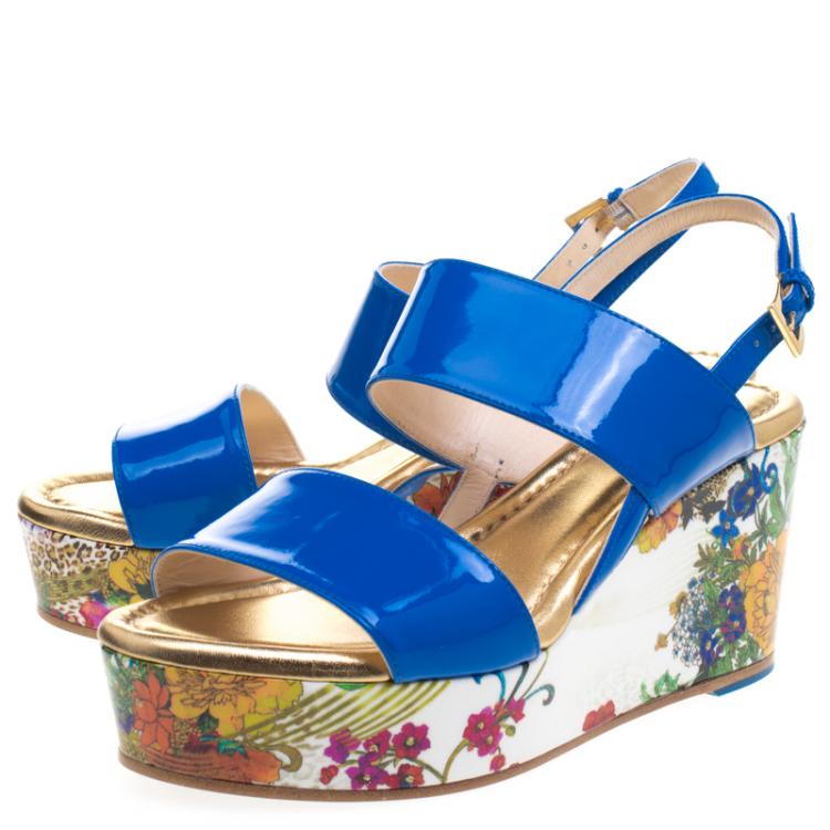 Pre Owned Loriblu Blue Patent Leather Floral Printed Wedge Sandals Size 37.5