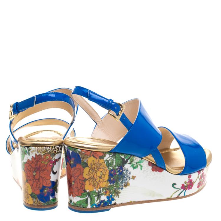 Pre Owned Loriblu Blue Patent Leather Floral Printed Wedge Sandals Size 37.5