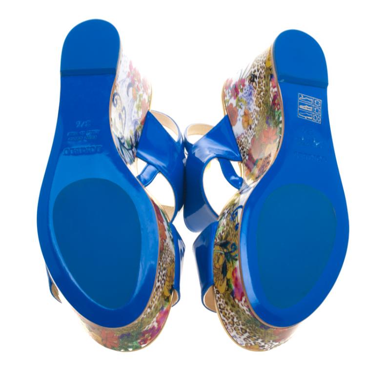 Pre Owned Loriblu Blue Patent Leather Floral Printed Wedge Sandals Size 37.5