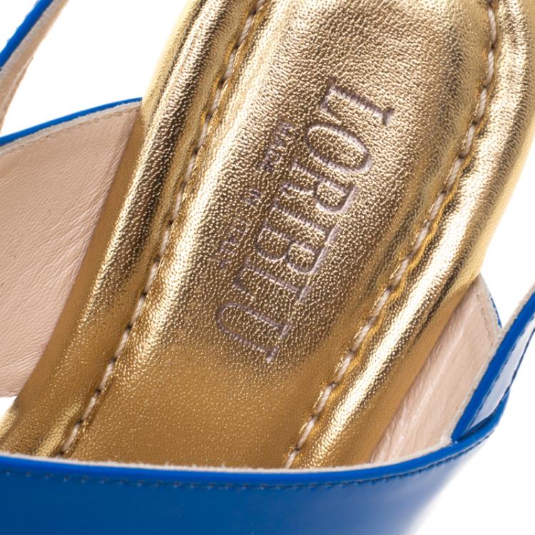 Pre Owned Loriblu Blue Patent Leather Floral Printed Wedge Sandals Size 37.5