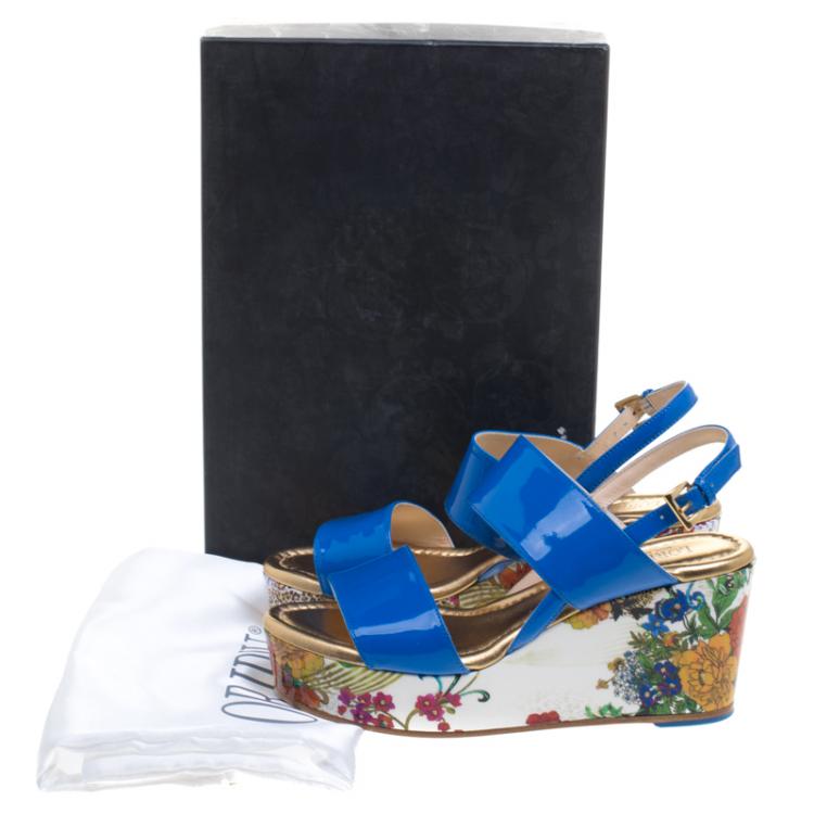 Pre Owned Loriblu Blue Patent Leather Floral Printed Wedge Sandals Size 37.5