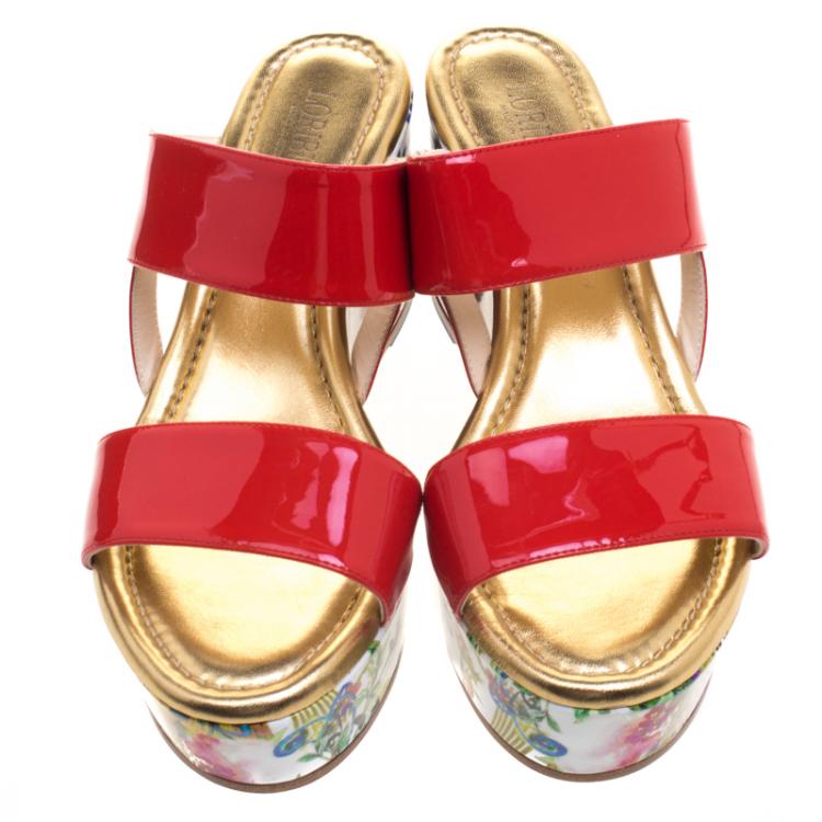 Pre Owned Loriblu Red Patent Leather Floral Printed Wedge Sandals Size 40