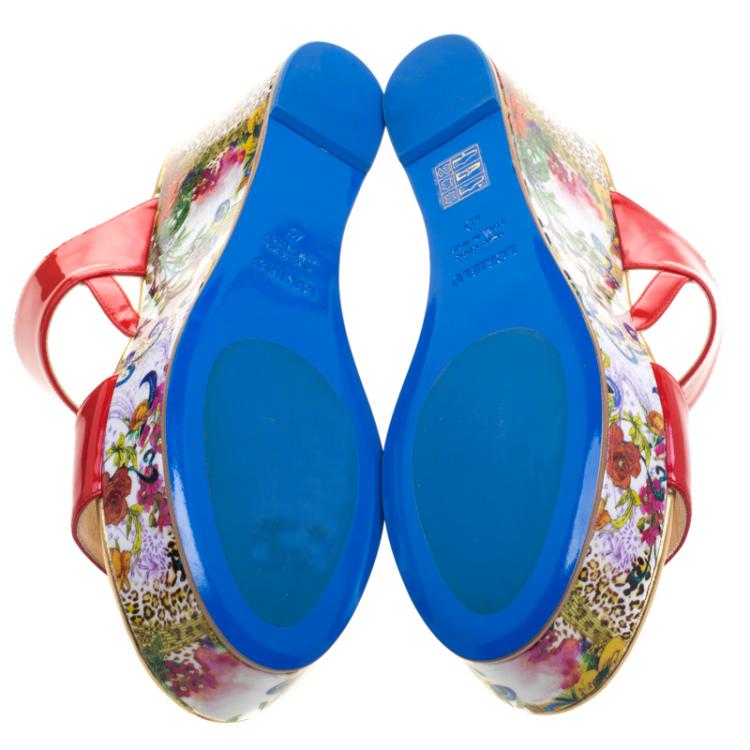 Pre Owned Loriblu Red Patent Leather Floral Printed Wedge Sandals Size 40