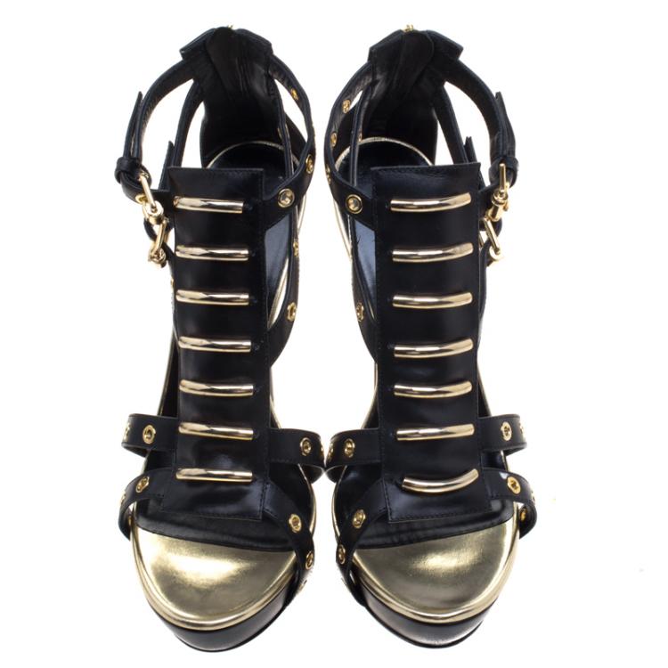 Pre Owned Loriblu Black Leather Strappy Eyelet Detail Platform Sandals Size 39