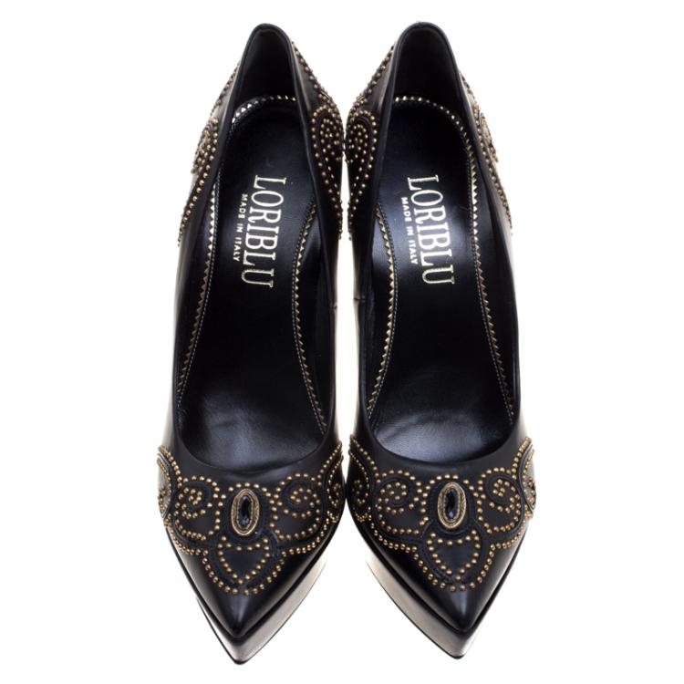 مملوكة مسبقًا Loriblu Black Studded Leather Platform Pumps Size 39