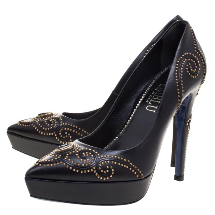 مملوكة مسبقًا Loriblu Black Studded Leather Platform Pumps Size 39
