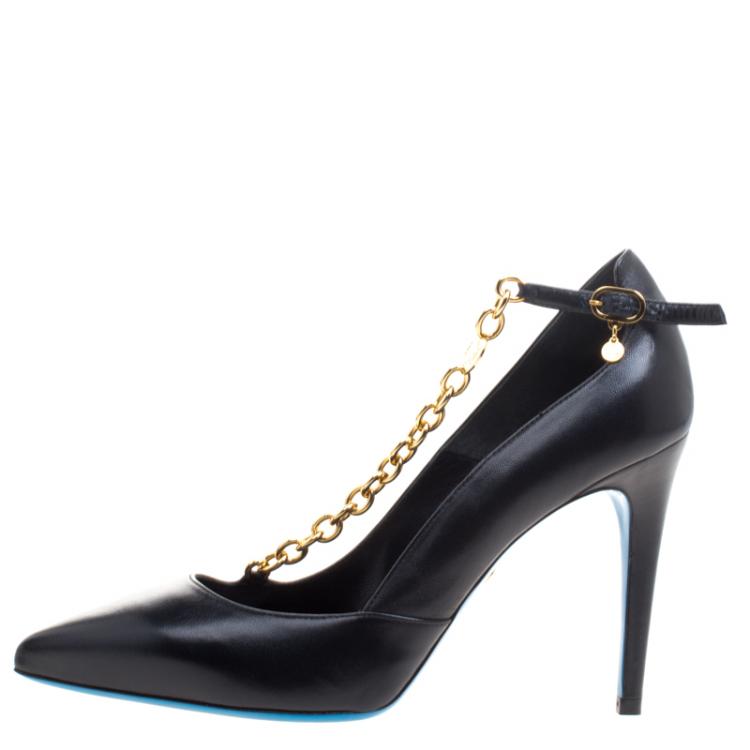 Pre Owned Loriblu Black Leather Chain Embellished Pointed Pumps Size 39