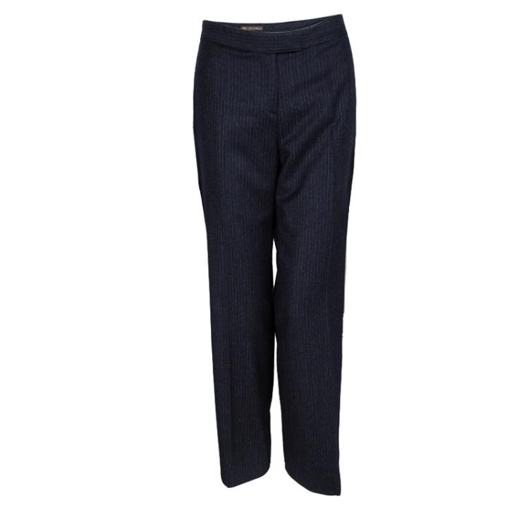 Pre Owned Loro Piana Navy Blue Striped Wool Wide Leg Trousers M