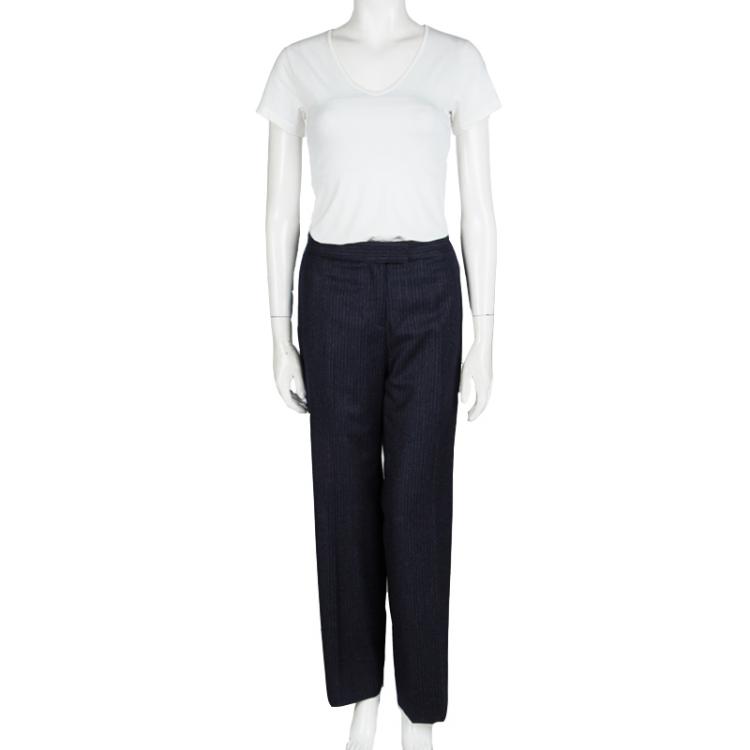 Pre Owned Loro Piana Navy Blue Striped Wool Wide Leg Trousers M