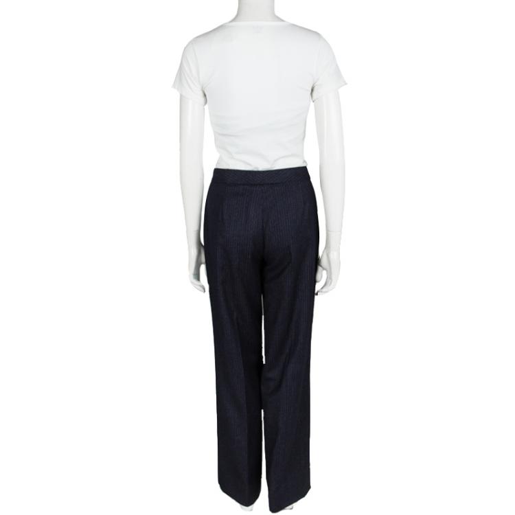 Pre Owned Loro Piana Navy Blue Striped Wool Wide Leg Trousers M