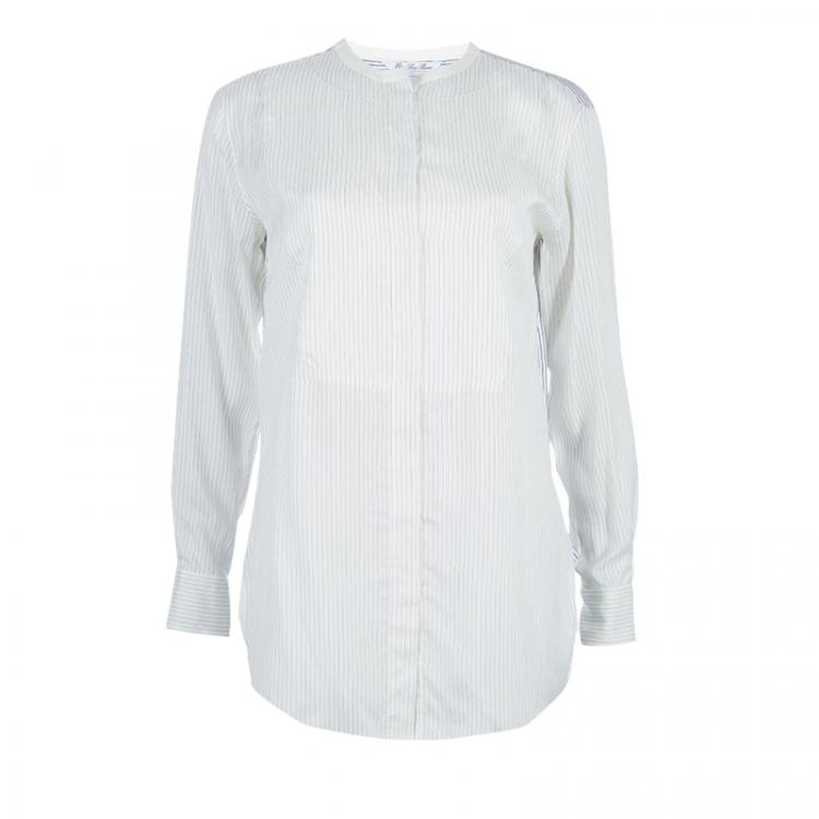 Loro Piana Off-White Striped Mandarin Collar Long Sleeve Silk Shirt S ...
