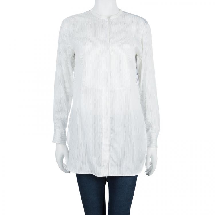 مملوكة مسبقًا Loro Piana Off-White Striped Mandarin Collar Long Sleeve Silk Shirt S