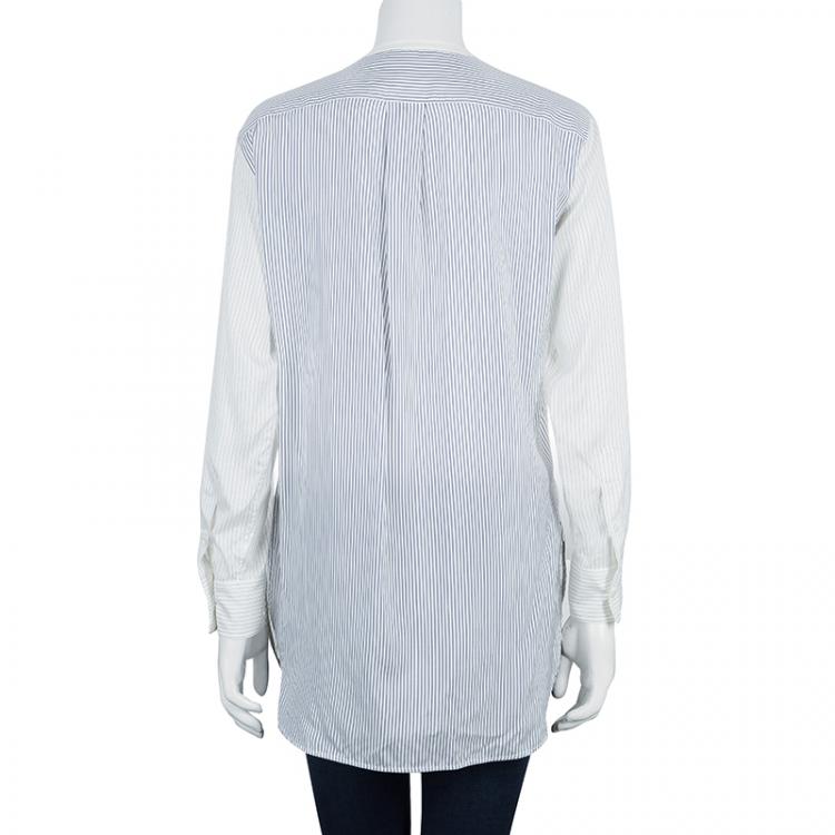 مملوكة مسبقًا Loro Piana Off-White Striped Mandarin Collar Long Sleeve Silk Shirt S