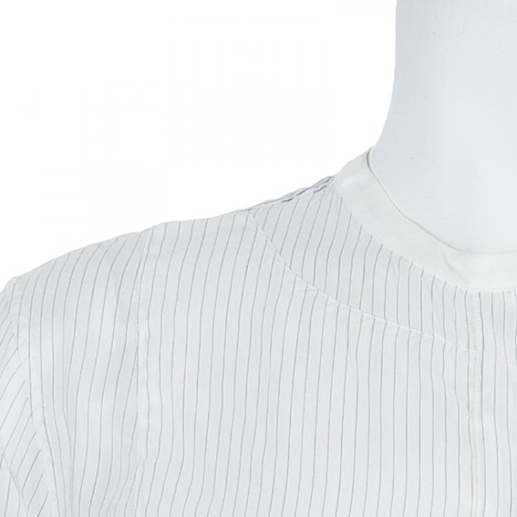 مملوكة مسبقًا Loro Piana Off-White Striped Mandarin Collar Long Sleeve Silk Shirt S
