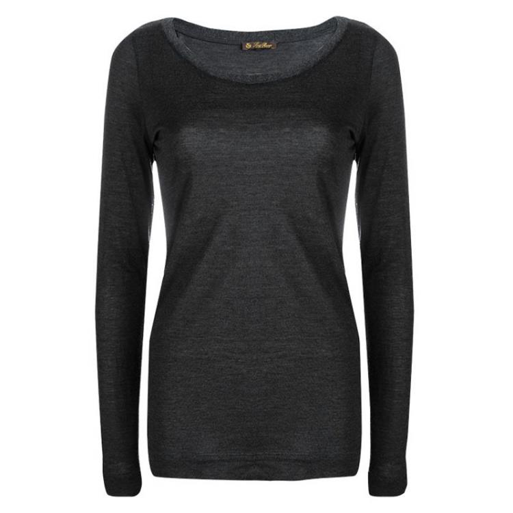 مملوكة مسبقًا Loro Piana Grey Cashmere Slub Knit Long Sleeve Top S