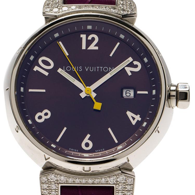 Pre Owned Louis Vuitton Black Stainless Steel Diamond Tambour Women's Wristwatch 34MM