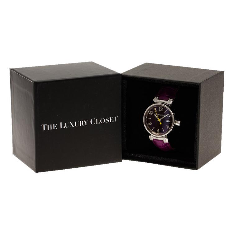 Pre Owned Louis Vuitton Black Stainless Steel Diamond Tambour Women's Wristwatch 34MM