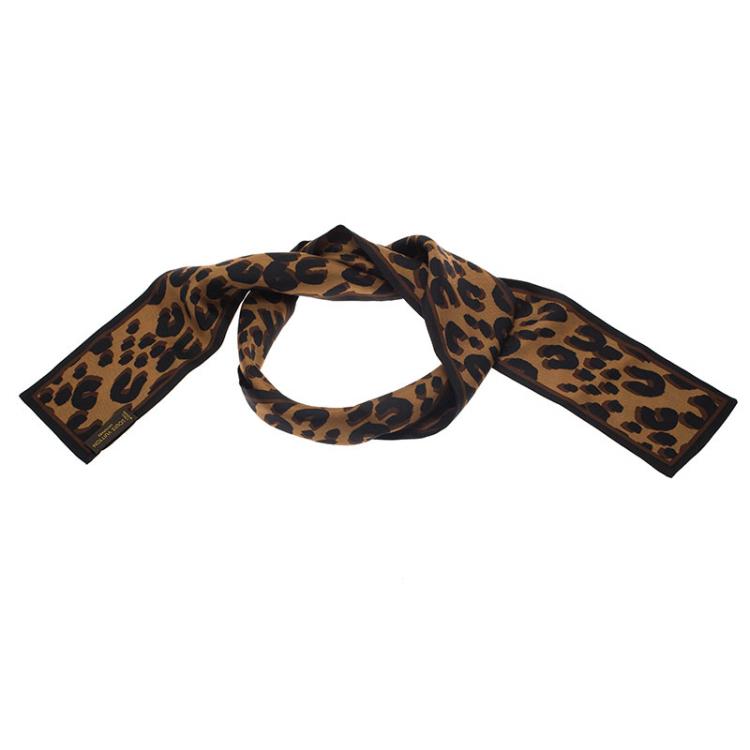 Authentic LOUIS VUITTON Bandeau Leopard Silk 100% Scarf Brown