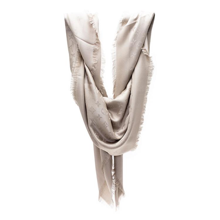 Louis Vuitton Beige Monogram Wool & Silk Fringe Edged Shawl Louis