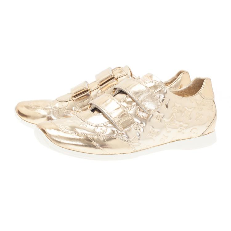 Pre Owned Louis Vuitton Metallic Gold Monogram Mirror Tennis Shoes Size 39.5 