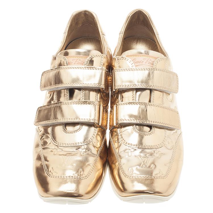 Pre Owned Louis Vuitton Metallic Gold Monogram Mirror Tennis Shoes Size 39.5 