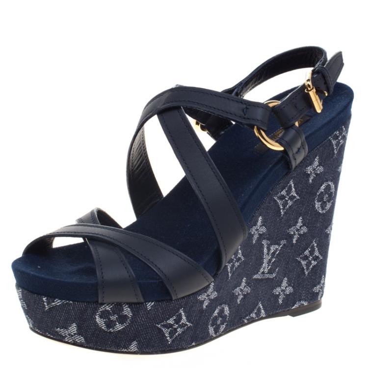 Louis Vuitton Blue Denim And Leather Ocean Criss Cross Wedge Sandals Size  39 Louis Vuitton
