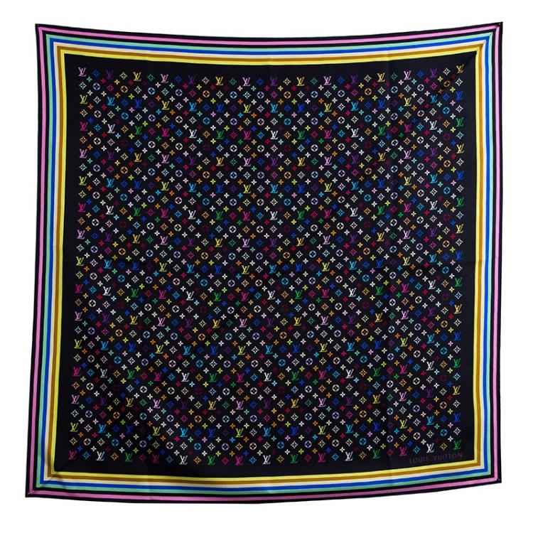 LOUIS VUITTON Silk Monogram Multicolor Square Scarf Black 52435