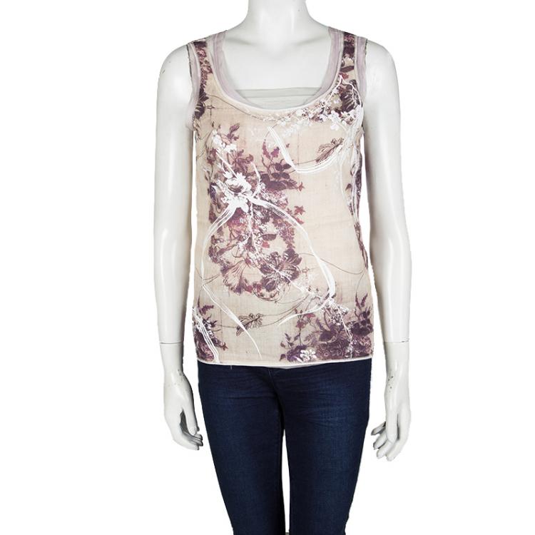 Pre Owned Louis Vuitton Beige Floral Printed Double Layer Sleeveless Top S