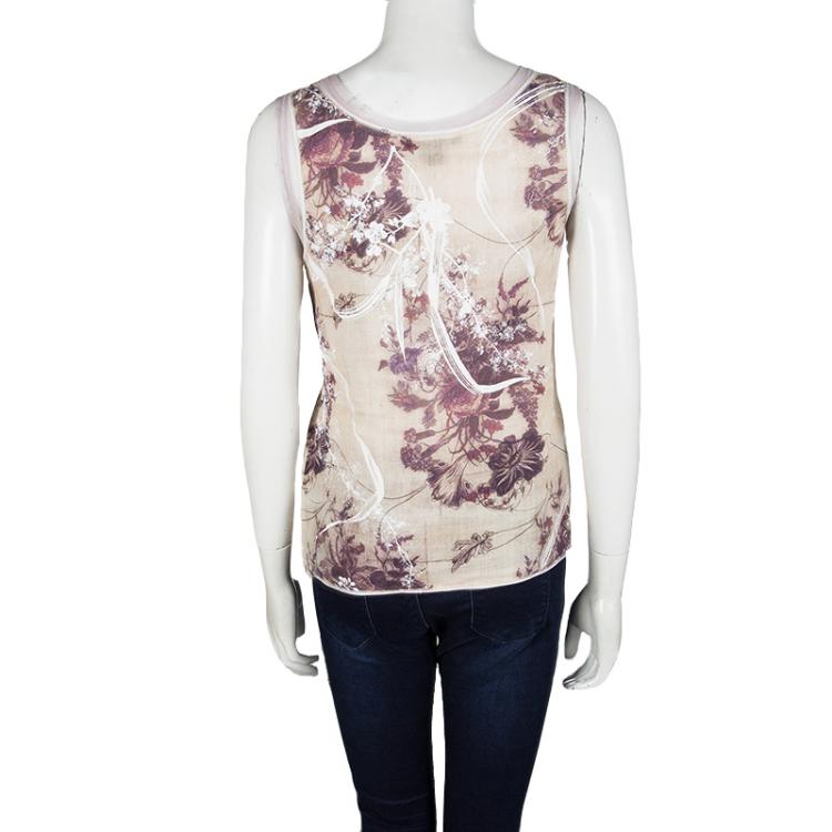 Pre Owned Louis Vuitton Beige Floral Printed Double Layer Sleeveless Top S